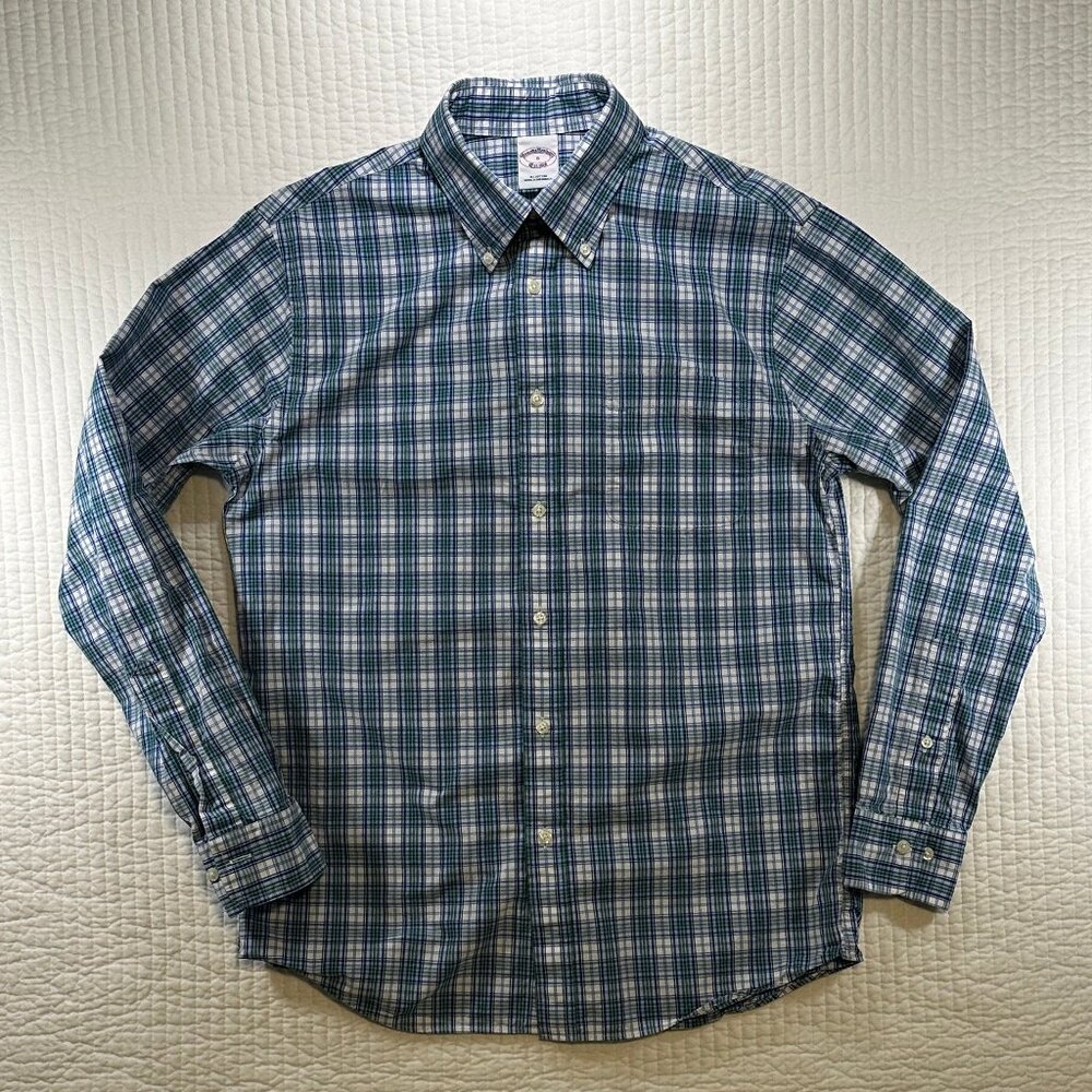 Brooks Brothers Blue Green White Plaid Button Down Shirt Mens Size S